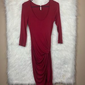 • A+ Ellen • Deep Red Front Drape Knot Midi Dress